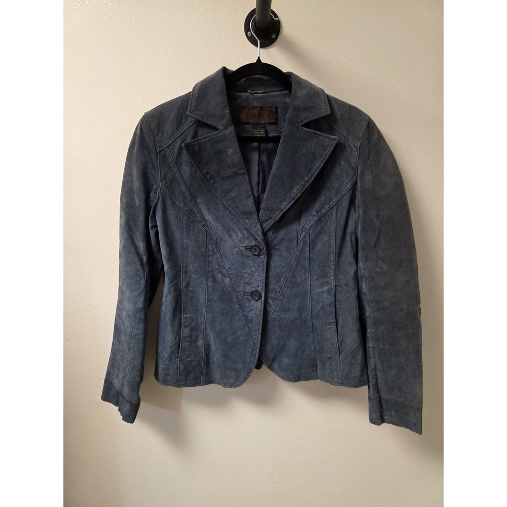 Siena Women's Blue Genuine Leather Blazer Jacket Size 8 Button Front Vintage Y2K
